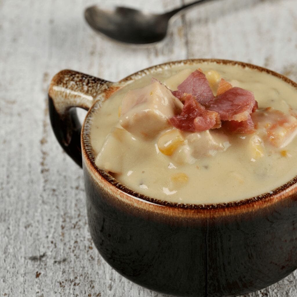 Creamy Potato Corn Soup Topped with Bacon