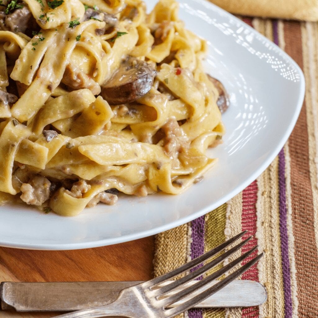 Slow Cooker Ground Beef and Pasta Served on a Plate