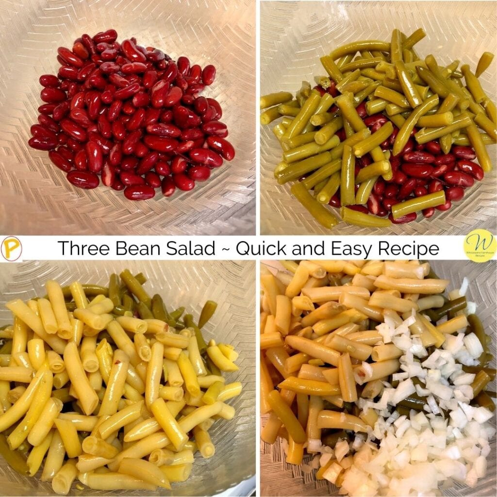 Four Photos showing adding the beans and onion Three Bean Salad _ Quick and Easy Recipe