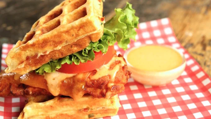 Buttermilk Fried Chicken and Bacon Cheddar Waffle Sandwich Recipe
