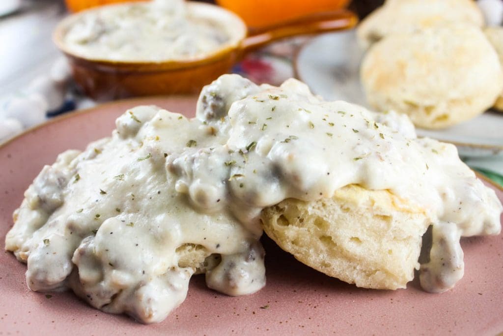 EASY SAUSAGE GRAVY FROM SCRATCH over biscuits