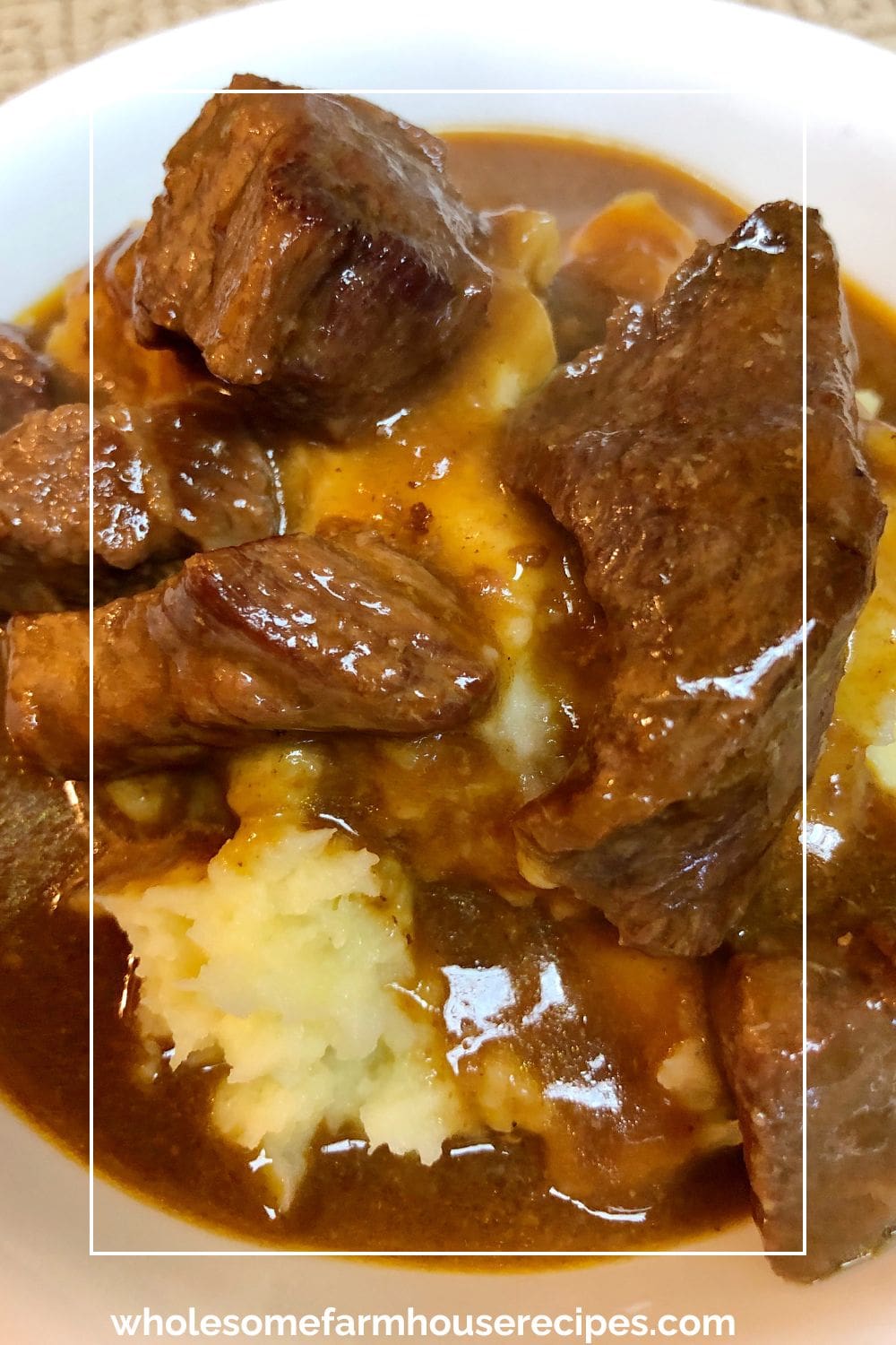 Bowl of tender beef tips with gravy
