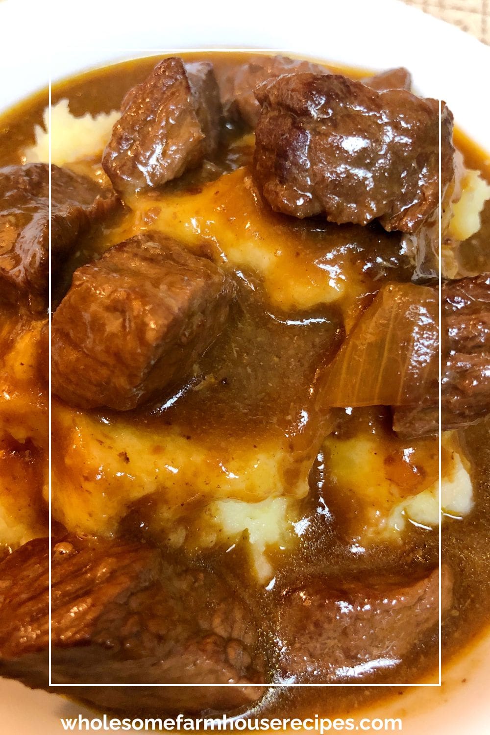 Tender Beef Chunks with Gravy over mashed potatoes